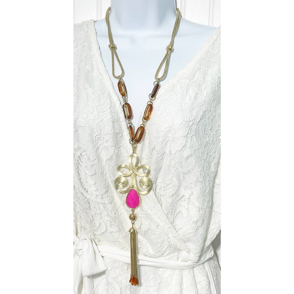Lilly Pulitzer Boho Lariat Necklace Gold Tone Chain Pink‎ Stone Tassel Pendant
